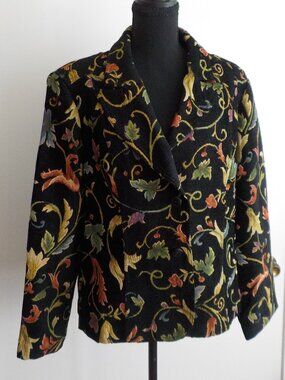Fashion Bug Jacket - Vintage X-Large Black Button Lined Tapestry (2594)